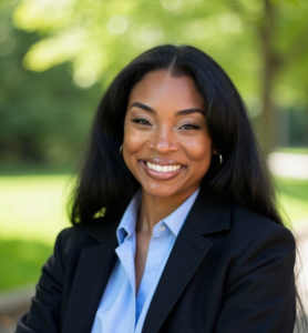 This is a professional headshot of a African American Woman. She is wearing a black blazer and blue collared dress shirt. There is a green, blurred background